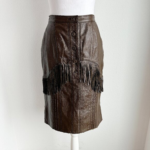 VINTAGE BROWN LEATHER WESTERN FRINGE‎ SKIRT - Picture 1 of 7